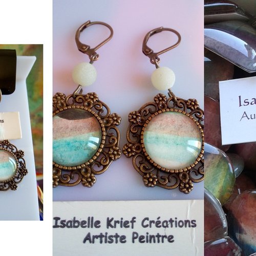 Boucles oreilles pendantes aigue marine pierre naturelle et pendentif aquarelle fleurie,dormeuses bronze