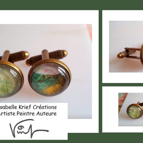 Boutons manchettes laiton avec cabochons ronds 14 mm aquarelle ooak,fait mains en france,cadeau fete anniversaire noel,boho bobo gothique