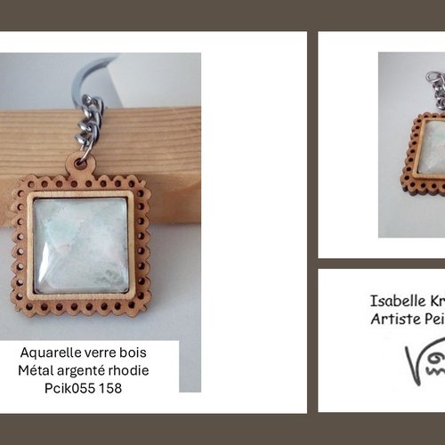 Porte cle aquarelle rose verre beige avec cabochon carre en verre et support bois, chainette et fermoir argente,accessoire cle sac bijou