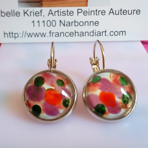 Boucles oreilles dormeuses argent rhodié,cabochons ronds en verre peint violet vert orange,fait mains en france,cadeau anniversaire noel