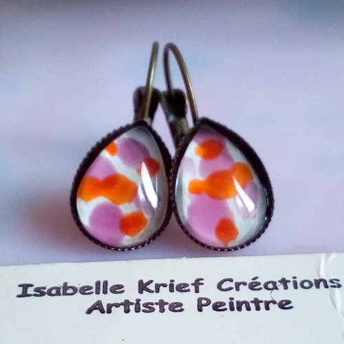 Boucles oreilles dormeuses avec cabochons gouttes en verre peint,orange blanc,cadeau fete anniversaire noel,fait mains en france