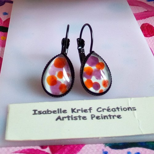 Peint par artiste,boucles oreilles dormeuses gouttes laiton noir avec cabochons verre violet orange blanc,cadeau fete anniversaire noel,boho