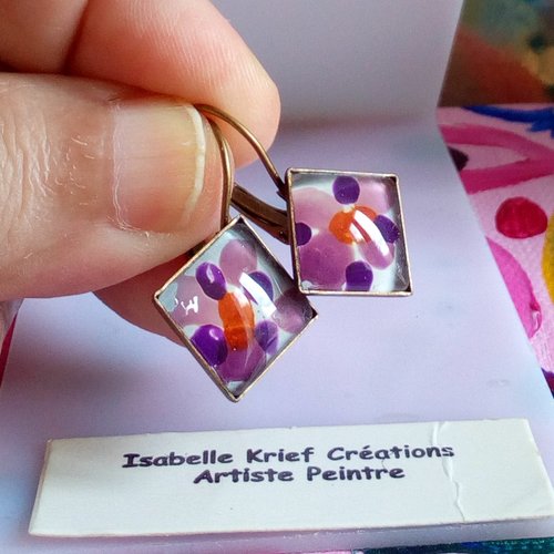 Boucles oreilles dormeuses avec cabochons carres en verre peint,violet mauve orange,cadeau fete anniversaire noel,fait mains en france