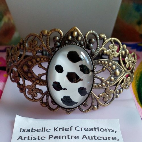 Verre peitnt,bracelet jonc laiton avec cabochon oval en verre, blanc noir bronze,oiseaux fleur arabesques,cadeau fete anniversaire noel