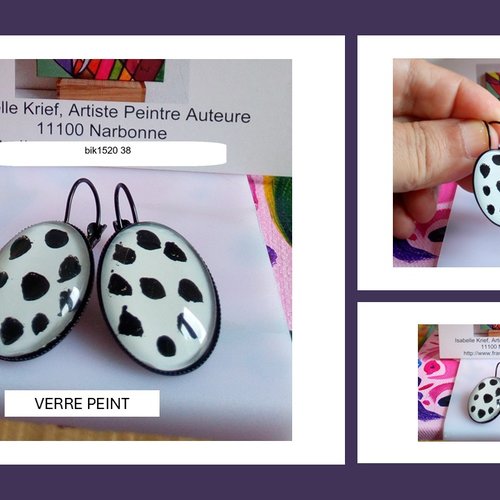 Peinture sur verre,dormeuses laiton avec cabochons ovales blanc tachete noir,dalmatien edouardien gothique,cadeau fete anniversaire noel