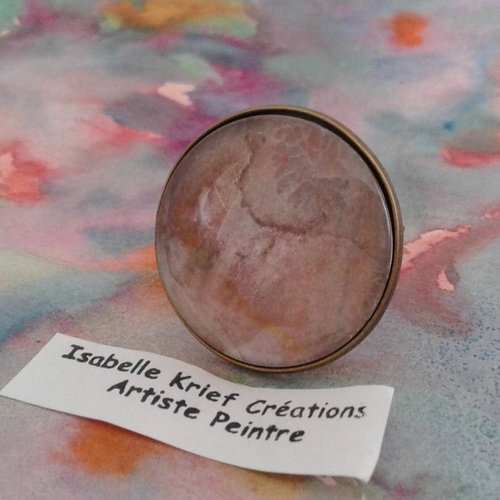 Bague laiton ajustable avec cabochon rond en verre,aquarelle art contemporain, beige rose bronze,cadeau fete anniversaire noel
