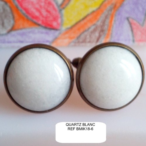 Boutons manchette laiton cabochons ronds 18mm quartz blanc pierre fine precieuse,cadeau fete anniversaire noel,accessoire costume cravate