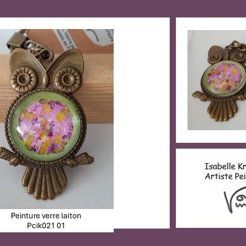 Porte cle hibou chouette, peinture originale verre laiton bronze,mini tableau fantastique, art nouveau
