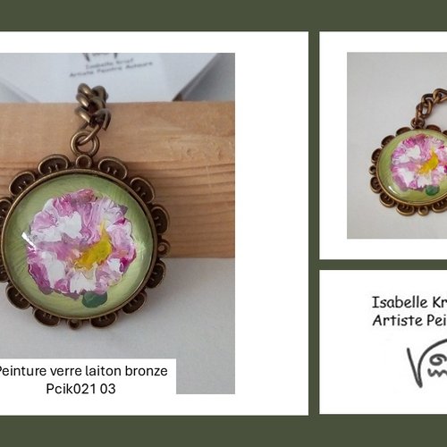 Porte cle bijou de sac laiton bronze fleuri avec pendentif rond verre peint,fermoir mousqueton