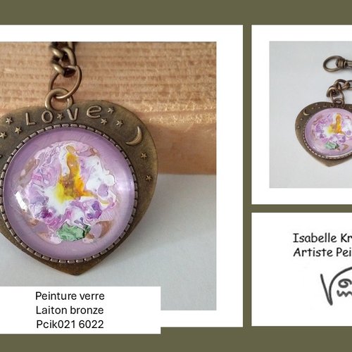 Porte cle coeur rose fleuri avec cabochon en verre, peint a la main,accessoire bijou sac