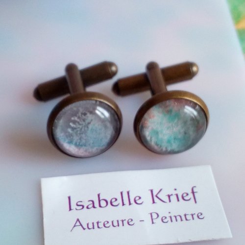 Boutons de manchettes laiton avec cabochons ronds aquarelle art abstrait,fait mains en france,cadeau fete anniversaire noel