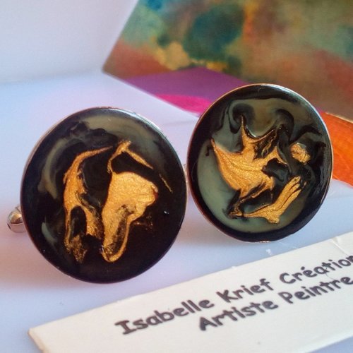 Peint par artiste,boutons de manchette ronds metal argente rhodie,noir or art contemporain,accessoire costume chemise,cadeau fete anniversai