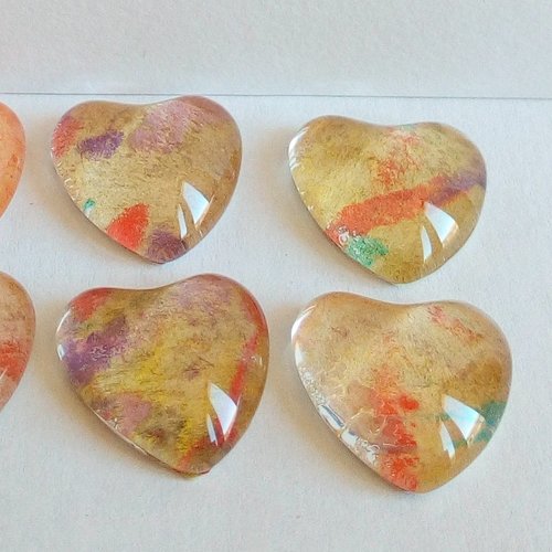 16mm,aquarelle peint ooak par artiste francaise,cabochon coeur rouge orange vert violet,fourniture bricolage mercerie,fait mains en france