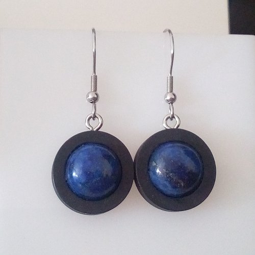 Lapis lazuli,boucles oreilles en bois noir avec cabochons ronds 12mm,pierre precieuse,crochets acier 316l,fait mains en france,cadeau fete