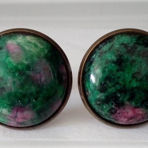 Boutons de manchettes laiton bronze avec cabochons ronds rubis zoisite, pierre rose vert,accessoire ceremonie homme unisex