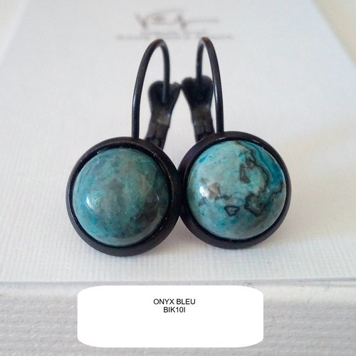 Boucles oreilles dormeuses en laiton noir avec cabochons ronds onyx bleu pierre precieuse,cadeau fete noel anniversaire