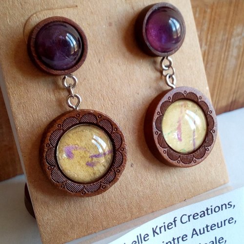 Amethyste,clous oreilles bois fleuri avec cabochons ronds aquarelle originale,fait mains en france
