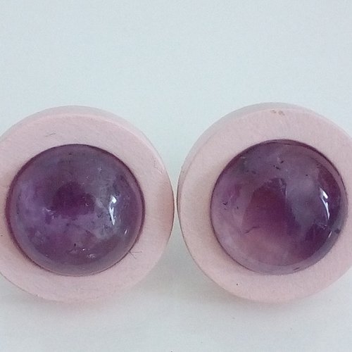 Amethyste,clous oreilles bois rose tige acier avec cabochons ronds 12mm,pierre fine precieuse,cadeau fete anniversaire noel,boho bobo,