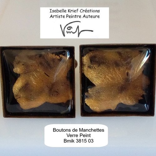 Boutons de manchettes laiton bronze avec cabochon carres en verre peint par artiste,fait mains en france,cadeau fete anniversaire noel