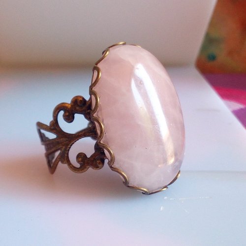 Quartz rose pierre fine precieuse,bague laiton bronze avec cabochon oval 18x25mm,anneau ajustable fleuri lys royal,cadeau fete anniversaire