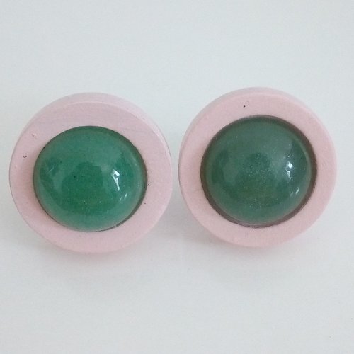 Aventurine,clous oreilles bois rose tige acier avec cabochons ronds 12mm,pierre fine precieuse,cadeau fete anniversaire noel,boho bobo,