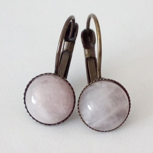 Quartz rose,boucles oreilles dormeuses laiton bronze avec cabochons ronds,pierre precieuse,cadeau fete anniversaire noel