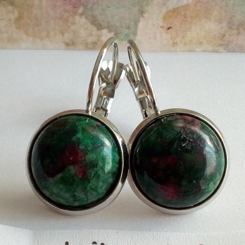 Rubis zoisite,dormeuses rhodiées,oreilles percées,cabochon rond 12mm,pierre semi precieuse,vert rose,cadeau bobo boho gothique,fait mains