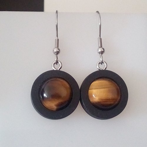 Oeil de tigre,boucles oreilles bois noir avec cabochons ronds 12mm,pierre fine precieuse,fermoirs crochets acier 316l,fait mains en france