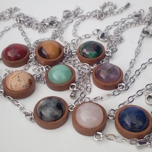 Bracelet acier bois avec cabochon rond pierre precieuse quartz rose oeil de tigre amethyste aventurine larvikite,et chaine forcat