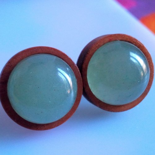 Aventurine verte,clous oreilles bois,tiges acier chirurgical avec cabochons ronds 12mm,pierre fine,fait mains en france