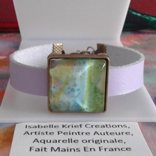 Bracelet cuir parme avec cabochon carre en verre, aquarelle bleu vert jaune,cadeau fete anniversaire noel,bijou femme homme unisex