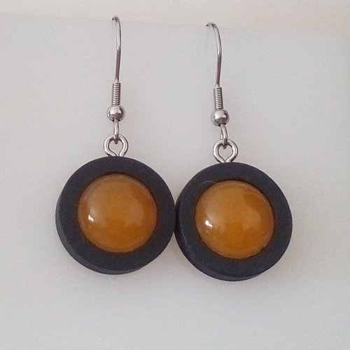 Calcite orange pierre fine,boucles oreilles bois noir avec cabochons ronds 12mm,fermoirs crochets acier 316l,fait mains en france