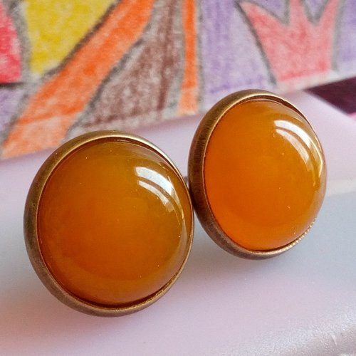 Calcite orange,clous oreilles en laiton avec cabochons,quartz pierre fine precieuse,fait en france,boucles oreilles percees,cadeau fete noel