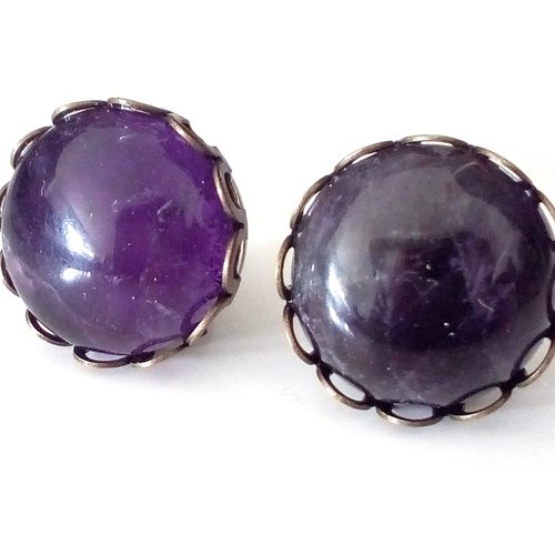 Amethyste,clous oreilles laiton avec cabochons ronds, quartz pierre fine,fait mains en france,cadeau fete anniversaire noel, boho bobo