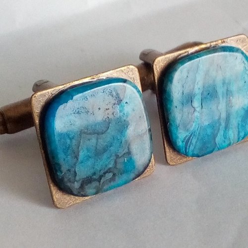 Boutons manchette onyx bleu pierre precieuse, laiton bronze,accessoire costume cravate,fait mains en france,cadeau fete anniversaire noel