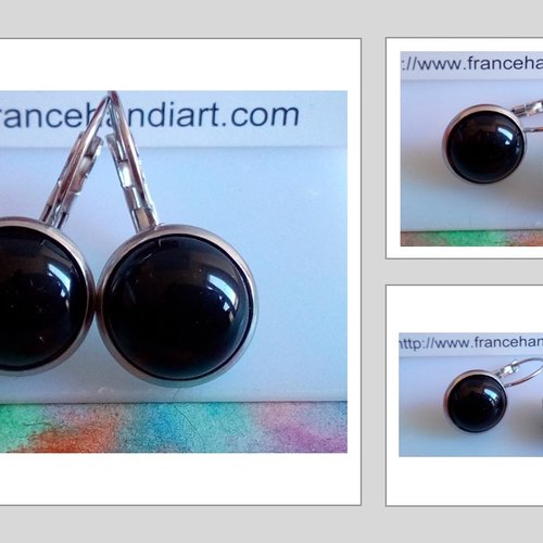 Onyx noire, boucles oreilles dormeuses argente rhodie avec cabochons ronds,pierre precieuse,cadeau fete anniversaire noel