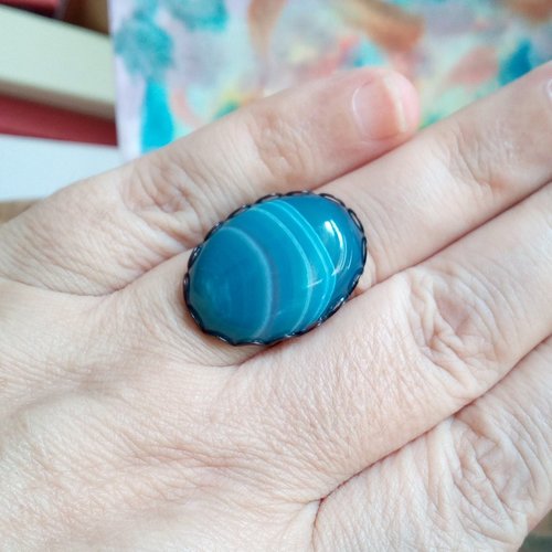 Agate bleue,bague laiton noir avec cabochon oval pierre fine precieuse,fleuri lys royal filigrane,cadeau fete anniversaire noel