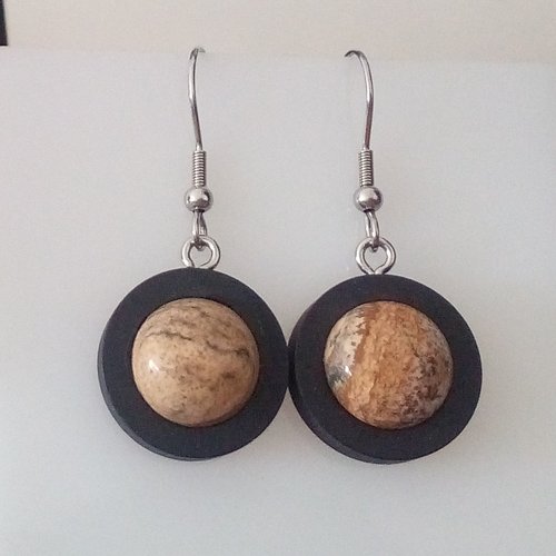Jaspe paysage,boucles oreilles en bois noir avec cabochons ronds 12mm,pierre fine precieuse,crochets acier 316l,fait mains en france