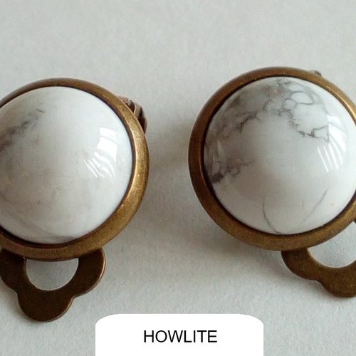 Clips oreilles laiton bronze avec cabochons ronds 10mm howlite pierre precieuse,cadeau fete anniversaire noel,boho bobo gothique