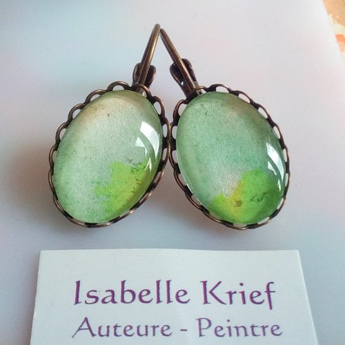 Boucles oreilles laiton avec cabochons ovales aquarelle ooak,peint par artiste,fait mains en france,fermoir dormeuses,boho bobo gothique