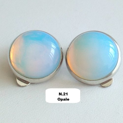 Opale, clips oreilles argente rhodie avec cabochons ronds,pierre precieuse,cadeau fete anniversaire noel,fait mains en france