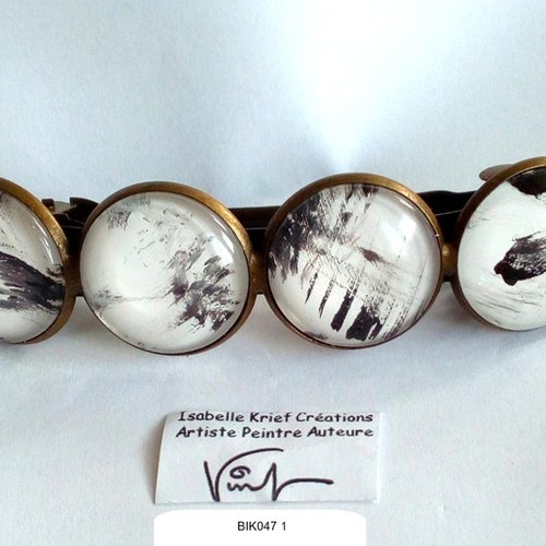 Peinture acrylique art abstrait,barrette cheveux laiton bronze avec 4 cabochons rond noir et blanc, isabelle krief artiste peintre