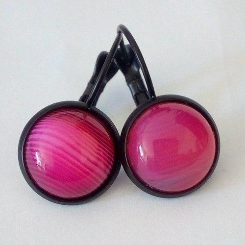 Dormeuses agate rose, pierre fine ,boucle oreille laiton noir,cabochon rond,cadeau fete anniversaire noel,bélier, lion, scorpion