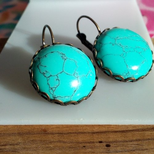 Turquoise, boucles oreilles dormeuses en laiton bronze avec cabochons ronds 20mm pierre precieuse bleue,cadeau fete anniversaire noel