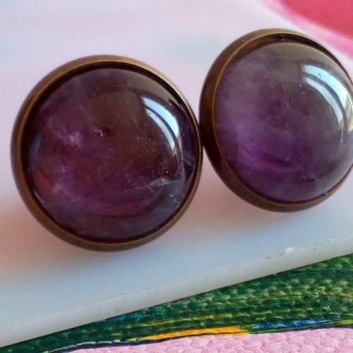 Amethyste,clous boucles oreilles en laiton bronze avec cabochons ronds 14mm,quartz pierre fine precieuse,fermoirs poussoirs,cadeau fete noel