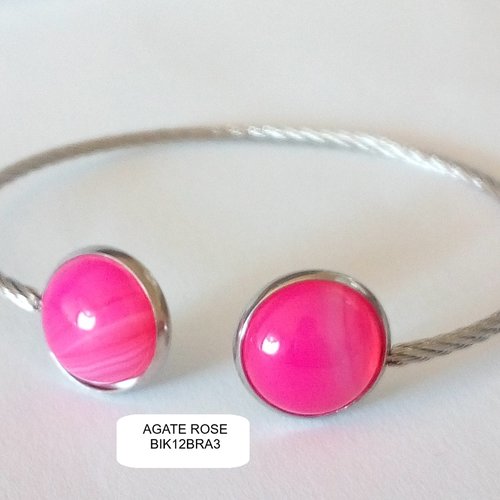 Bracelet jonc acier 316l avec 2 cabochons ronds, pierre fine agate rose