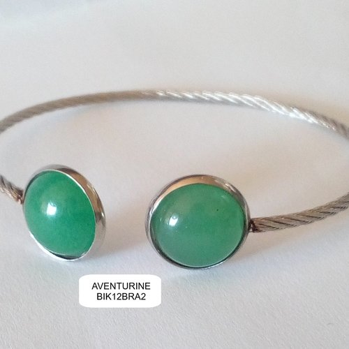 Bracelet jonc aventurine pierre fine, acier 316l avec 2 cabochons ronds,fait mains en france,cadeau fete anniversaire noel