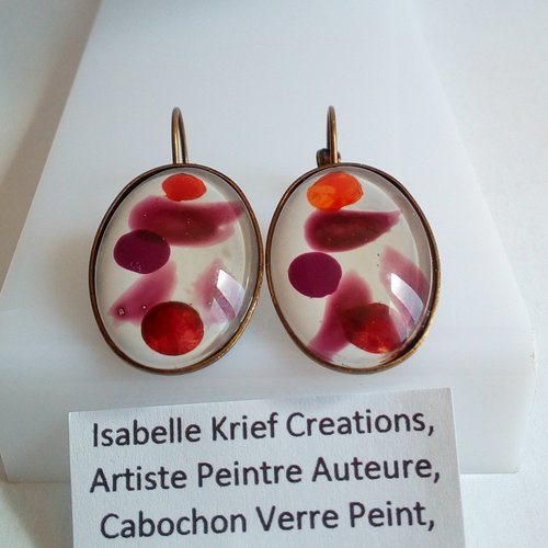 Boucles oreilles dormeuses laiton bronze avec cabochons ovales en verre peint, collection les daronnes, violet orange blanc