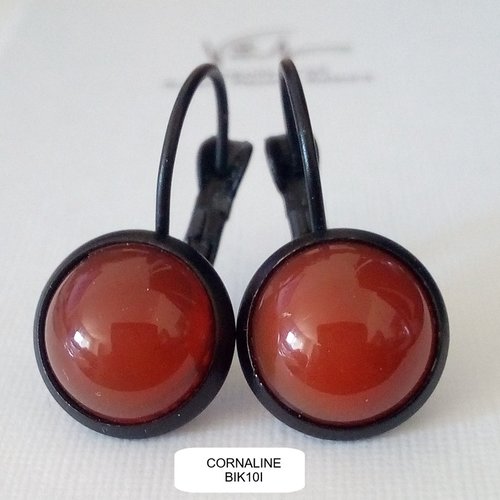 Cornaline,boucles oreilles dormeuses percees laiton noir avec cabochons ronds ,fait mains en france,cadeau fete anniversaire noel,boho