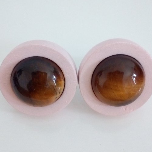 Oeil de tigre,clous oreilles en bois avec cabochons ronds 12mm,pierre fine quartz,tige et poussoirs acier 316l,fait mains en france
